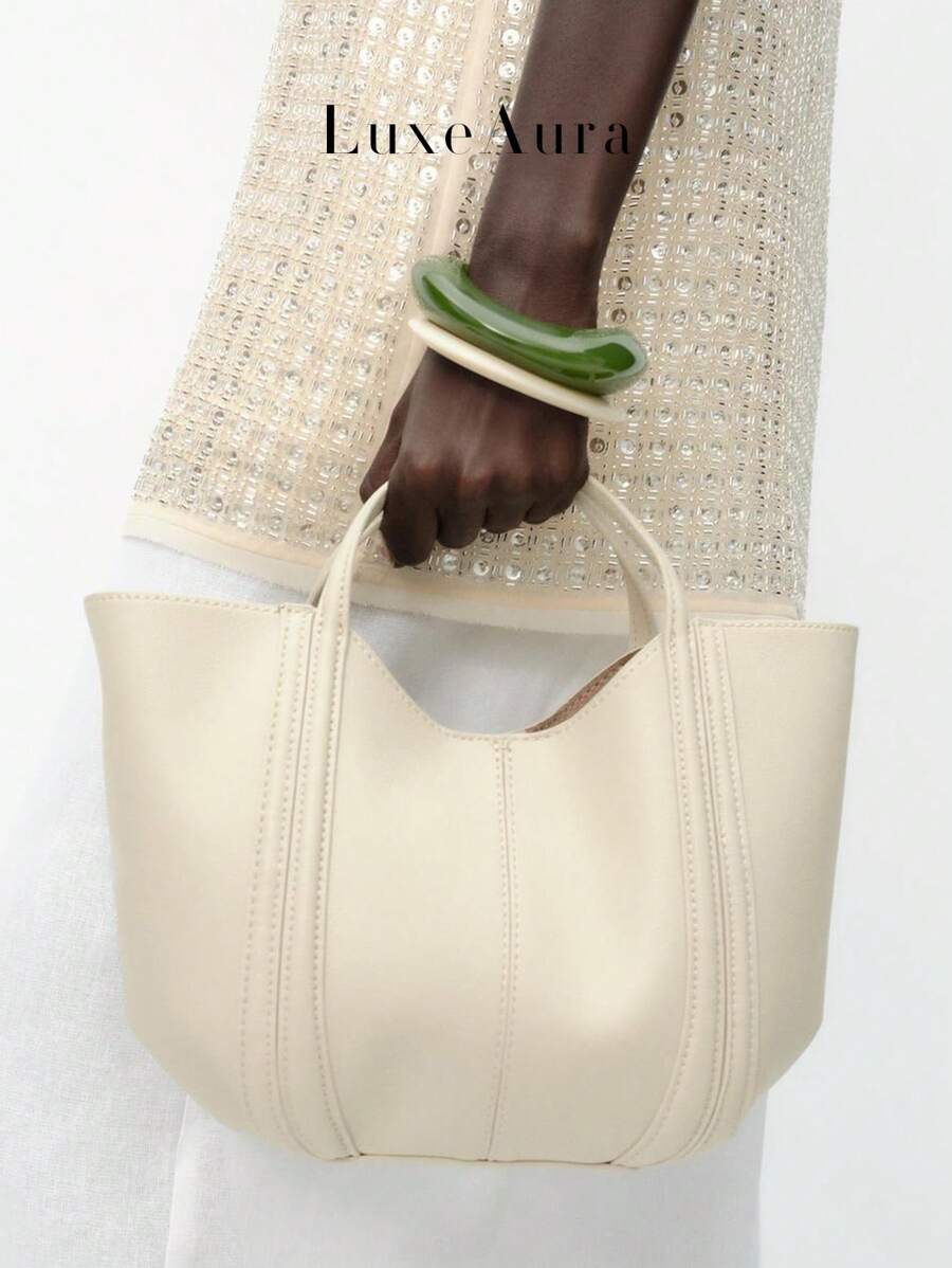 新款休闲日常女士手提包，带缝线装饰，时尚单肩手提包，适合日常、旅行、搭配 - 白色 - 查看 1