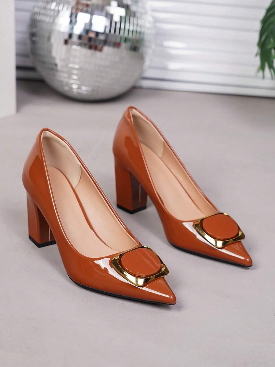 Giày cao gót đế thô màu trơn thời trang mũi nhọn màu xanh lá cây cỡ lớn dành cho nữ, mùa thu/đông - màu nâu - Xem 1