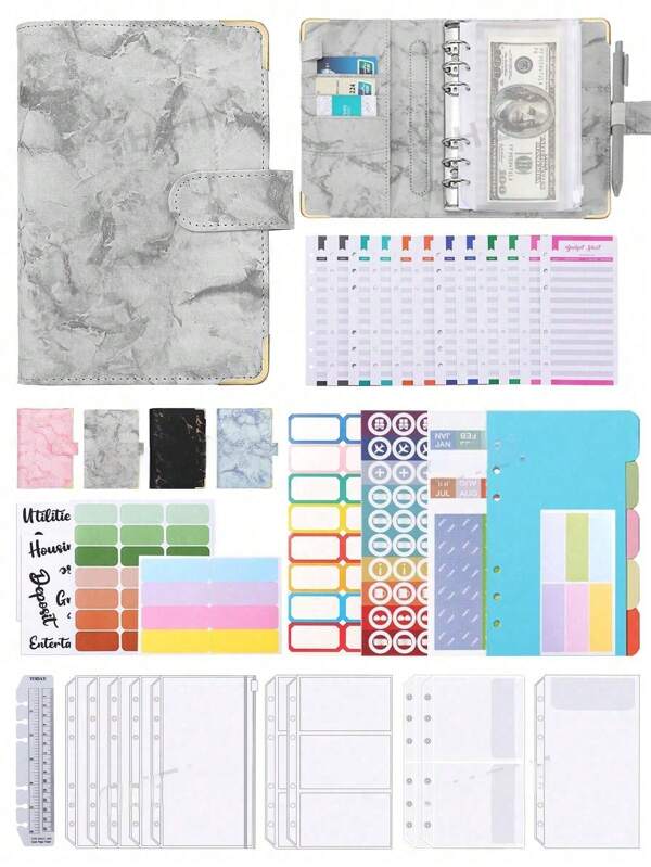 38 Pieces A6 PU Leather Budget Holder Notebook Money Bag Organiser With Cash Envelope, Budget Sheet, Self Adhesive Labels, Stationery Supplies,For School Supplies,Back To School