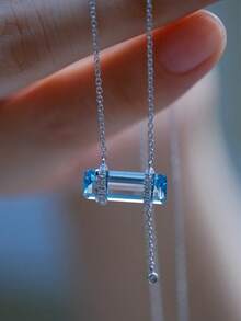 夏季 925 纯银女士项链，方形海蓝宝石水晶项链，镶嵌精美钻石锆石时尚珠宝礼物，适合海滩度假、节日、约会和女性日常佩戴 - 銀色藍色水晶 - 查看 5