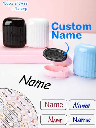 1 Stamp + 100 Stickers Personalized Signature Stamp,Custom Name Stamp,Customized Solid Color Handwritten Signature Stamp,Customizable Birthday Gifts,Four Color Vertical Stripes,3 Colors Of Ink,Stamps For Kids,Business Seal,Teachers' Day,Back To School Supplies,School/Ladies/Boy/Office,Friend,Teacher