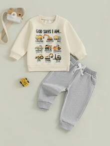 Toddler Baby Boys Fall Winter Outfit Fashionable Tool Cart Print Long Sleeve Sweatshirt Pullover Tops With Solid Color Pants 2 Pcs Outfits - Beige - View 6