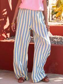 Pantalon rayé en polyester, convient pour le quotidien, les vacances, les rendez-vous, les anniversaires, les fêtes, la rentrée scolaire, les voyages, les festivals de musique country, les sports et la remise en forme, le printemps/l'été