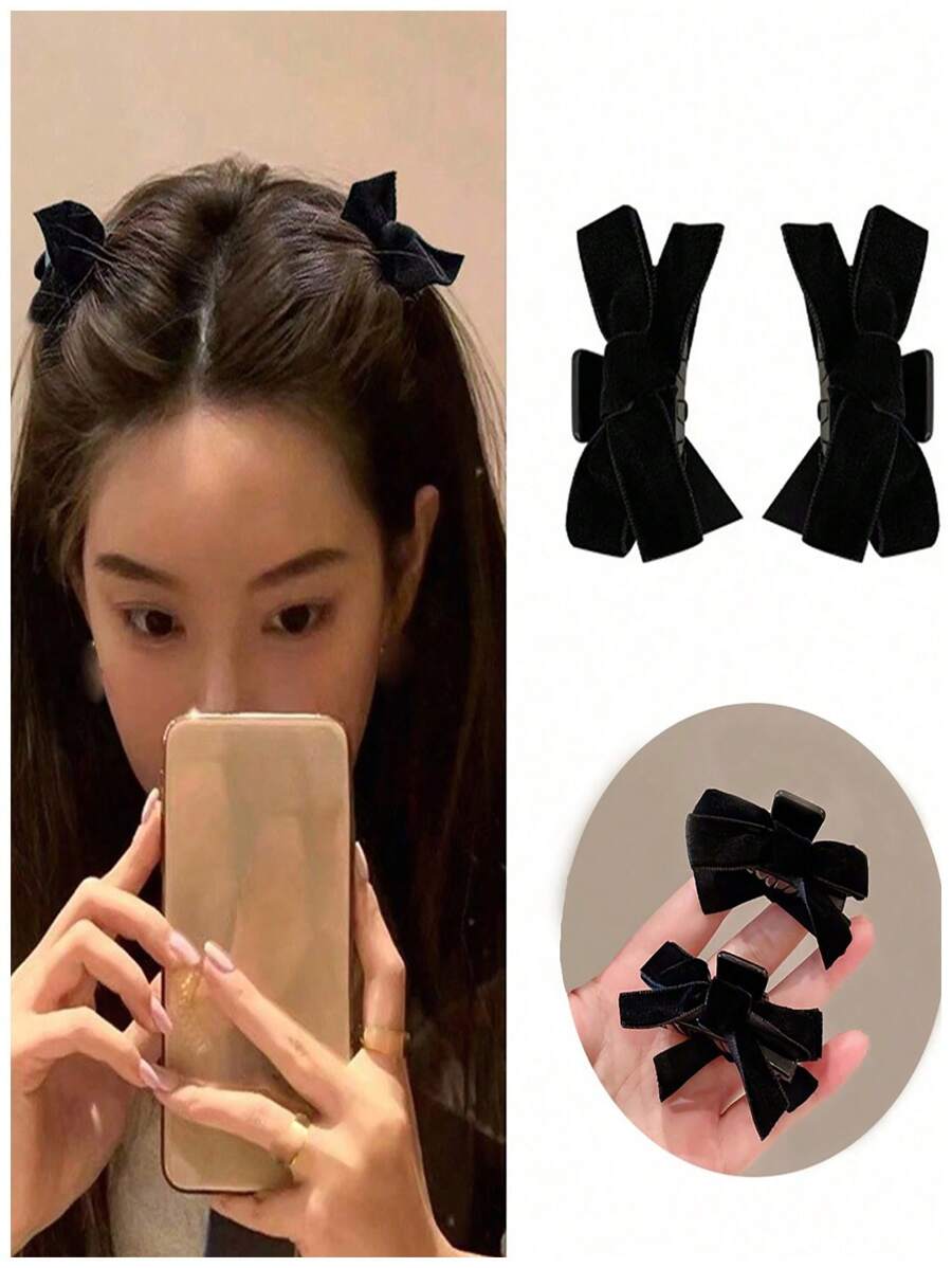 2pcs Women Vintage Velvet Bowknot Hair Clips, Princess Style Hair Accessories, Mini Hair Claw Clips For Bangs And Half-Up Hairstyles, Bow Accessories, School Stuff, College Autumn Accessories Fall Winter For Vacation Outfits Woman
