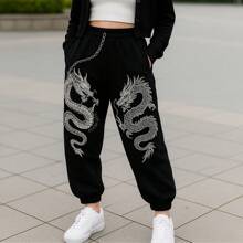 Women's Black Two Dragons Stylish Streetstyle Cargo Pants With Chain - Black - View 1