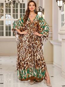 Women's Leopard Print Batwing Sleeve Loose V-Neck Bohemian Style Long Dress Robe - Multicolor - View 10
