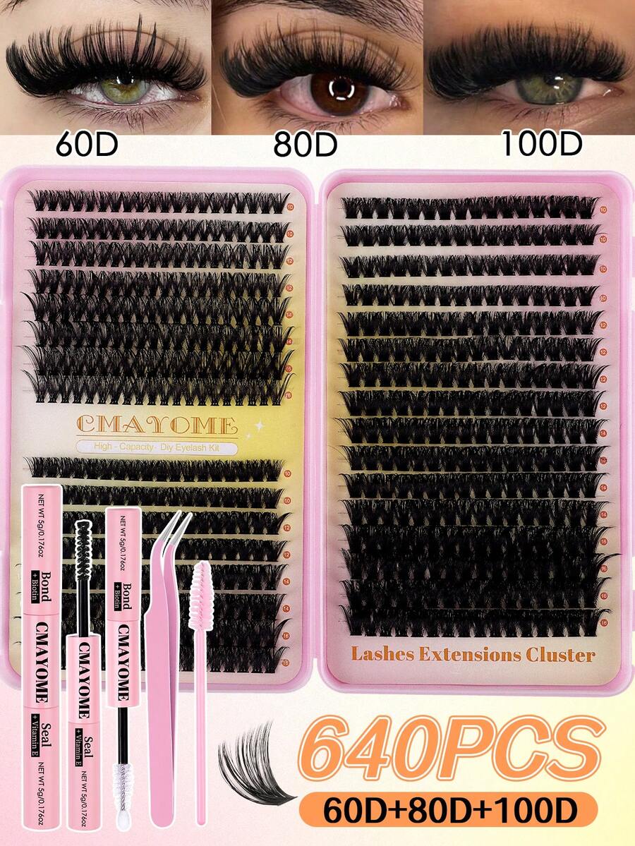 CMAYOME 640片D型卷翘浓密假睫毛套装，簇状假睫毛，10D+20D+30D+40D/30D+40D+50D+60D/50D+60D+80D+100D，多种组合，10-16毫米簇状假睫毛，自然柔软。套装包含睫毛胶、粘合剂、定型凝胶、镊子和睫毛刷，适合睫毛较细软的人士使用。