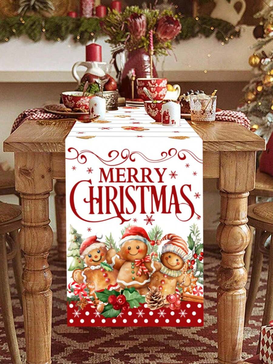 1 pezzo Runner da tavolo natalizio, 180*35cm, in poliestere con disegni di omini di pan di zenzero e alberi di Natale, decorazioni per Capodanno 2026 per la casa, la cucina e la sala da pranzo, forniture festive - Multicolore - Visualizzare 1