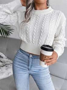 Women's Cable Knit Crew Neck Long Sleeve Cropped Pullover Sweater, Casual For Autumn/Winter - trắng - Xem 5