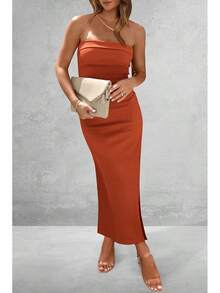 Women's Summer Bodycon Maxi Tube Dress Ribbed Strapless Side Slit Long Going Out Casual Elegant Party DressesHalloween Christmas New Year - 鐵鏽紅 - 查看 4