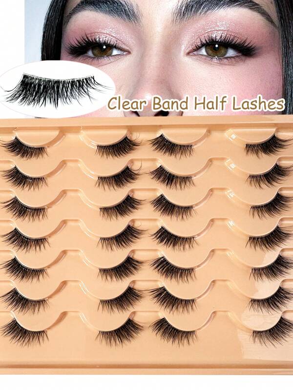 14 pares de pestañas postizas de ojos de gato de media cara, pestañas postizas 3D esponjosas y suaves de aspecto natural con banda transparente, extensión de pestañas de visón 3D, maquillaje de tiras de pestañas