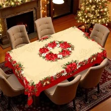 1pc Christmas Theme Polyester Tablecloth, Round Tablecloth Diameter 145cm, Rectangular Tablecloth 140x180cm, Christmas Decor Tablecloth/Tablecover, Red Christmas Floral Pattern Holiday Tablecloth, Christmas Holiday Table Center Decor, Christmas Party & Family Gathering Atmosphere Decoration Tablecloth. - Multicolor - View 8