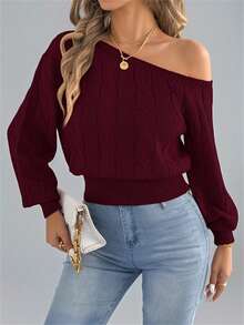 Suéter de manga larga con hombros descubiertos para mujer, de color liso, para vacaciones y tiempo libre, para otoño e invierno - Burdeos - Ver 3