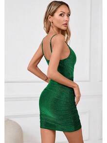 Women's Glitter Party Dresses Sexy V Neck Spaghetti Strap Faux Wrap Ruched Bodycon Sparkly Night Club Mini Dress Halloween Christmas New Year