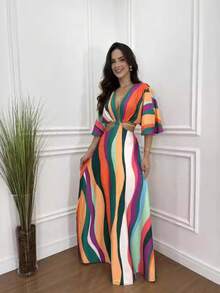 Elegant Women's Long Dress With V Neck,Holiday Beach Dress - sọc - Xem 2