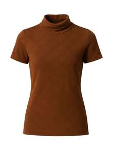 Women's Ribbed Mock Neck Short Sleeve Slim Fit Knit Top, Lightweight Stretchy Soft Tee Shirt, Casual Minimalist High Neck Pullover For Work, Travel And Everyday Wear, Classic Beige - 棕色 - 查看 1