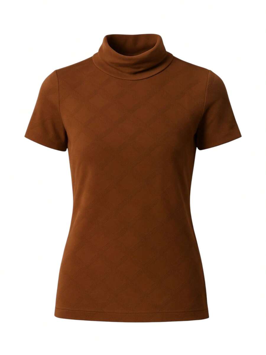 Women's Ribbed Mock Neck Short Sleeve Slim Fit Knit Top, Lightweight Stretchy Soft Tee Shirt, Casual Minimalist High Neck Pullover For Work, Travel And Everyday Wear, Classic Beige - 棕色 - 查看 1