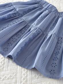 2pcs Girls Hollow Out Embroidery Collar Shirt And Skirt Set, Casual & Fashionable, Autumn/Winter/Spring - Blue - View 9