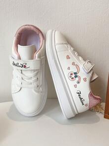 1 Pair Back-To-School Casual & Fashionable Kids' Skateboard Shoes, White Main Color, Adorable Cartoon Pattern On Side, Pink Heart Decor, Soft, Lightweight, Comfortable, Pink Details On Upper & Heel, Convenient Hook And Loop Closure, Sweet & Playful Style, Suitable For Kids' Daily Wear, Indoor/Outdoor, Play, Festivals, Etc. - Pink - View 5