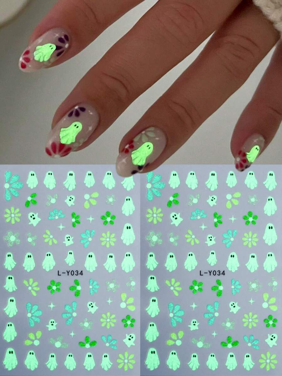 2pcs Halloween Luminous Nail Art Stickers Cartoon Ghost Star Flower Petal Halloween Nails Decals Holiday DIY Nail Supplies Charms Decorations Glow In The Dark