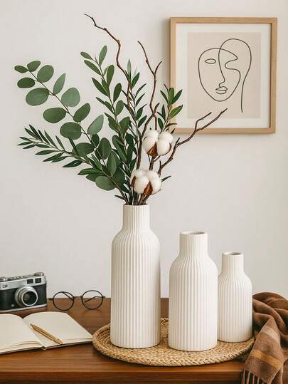 Minimalist Ribbed Wit Vases, 1/ ative Faux Ceramic Look Fall Home Moderne Dried Flower Display, Great Living Room, Entryway, Dining Tafel Room Vase Glass