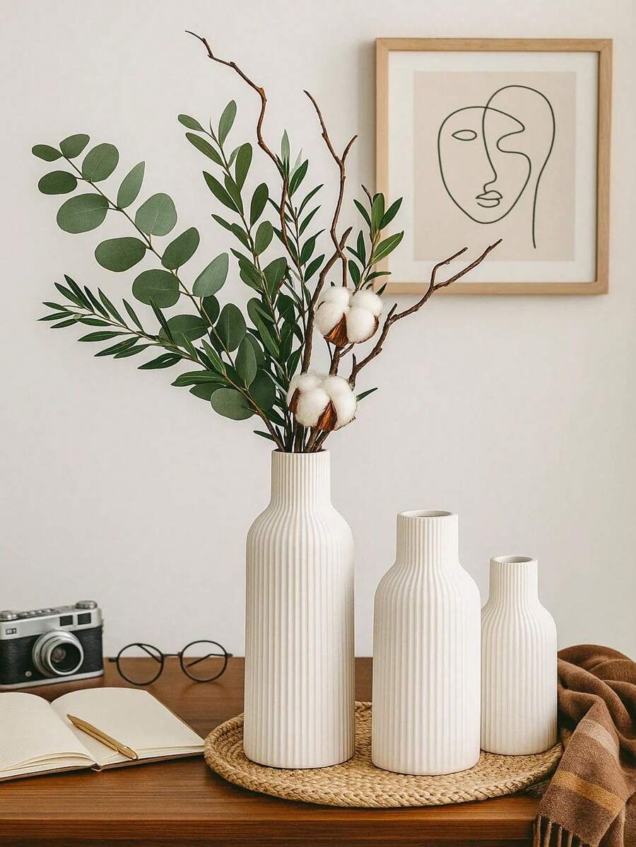 Minimalist Ribbed White Vases, 1/3pcs Decorative Faux Ceramic Look For Fall Home Decor, Modern Dried Flower Display, Great Gift For Living Room, Entryway, Dining Table Room Decor Flower Vase Glass Vase
