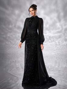 YISIKADO Elegant 3D Flower Chiffon High Neck Lantern Sleeve Long Dress Wedding Guest Formal Dress Modest Women Dresses - 黑色 - 查看 5
