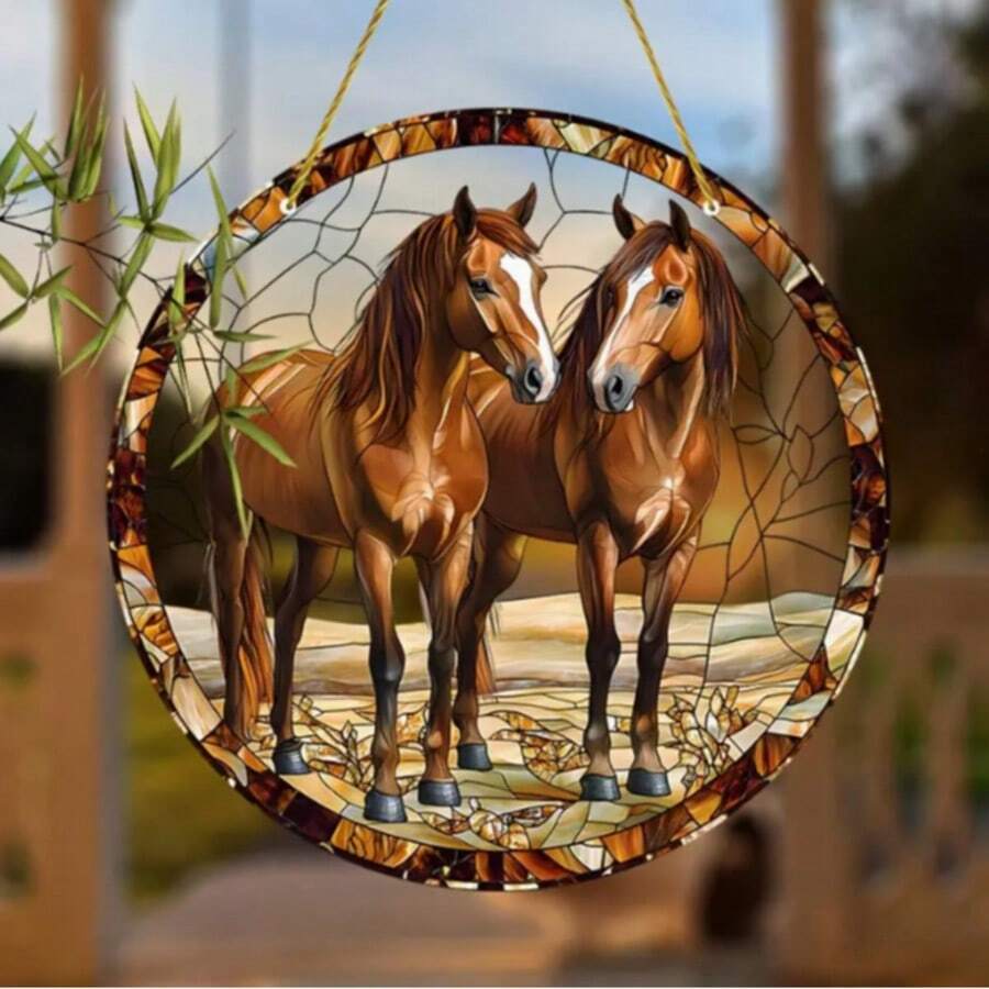 1/2pcs Acrylic Double Horse Pattern Dreamcatcher, Colorful Glass Window Decor, Suitable For Room, Cabin, Bedroom, Home, Garden Decoration, Men's Birthday Gift, Perfect For Horse Riding Enthusiasts, Housewarming Gift, 2D - Multicolor - View 1