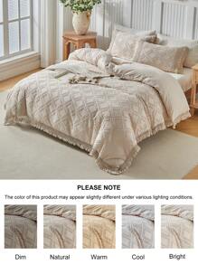 Juego de funda nórdica con estampado argyle caqui acolchado y texturizado con flecos, juego de ropa de cama bohemio shabby chic para todas las estaciones, suave y transpirable (1 funda nórdica + 1/2 fundas de almohada)