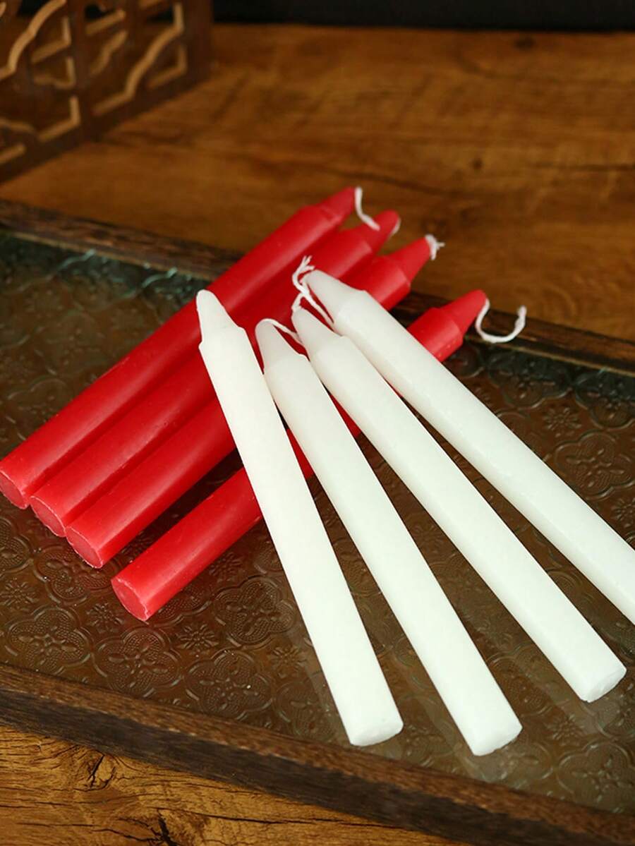 10pcs Slim Straight Candles, Regular Household Lighting Candles, Odorless White & Red Candles, Suitable For Ambiance Creation And Decoration In Bars, Restaurants, Romantic Dinners, Weddings, Birthdays, Ceremonies, Memorials, Home Decor, Power Outages, And Outdoor Camping