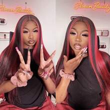13X4 Purple Hair Synthetic Lace Front Wigs 26 Inch Pre Plucked Long Straight Hair Wigs 13X4 HD Lace Wigs Glueless Dark Purple Colored Wigs Heat Resistant Halloween Wigs Deep Purple Long Silky Straight Lace Front Wigs For Fashion Women For Daily Christmas Party Cosplay Use - 挑染紅色 - 查看 9