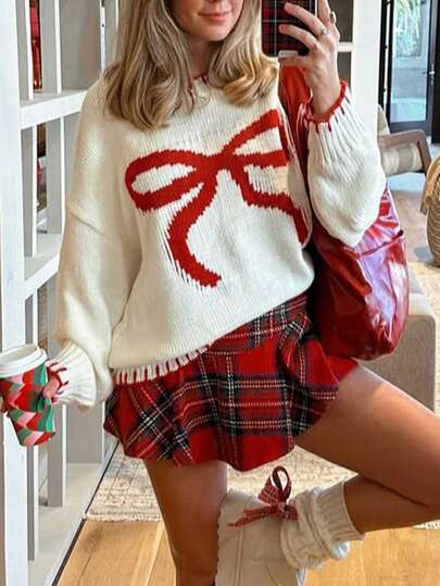 Ladies White Pullover Sweaters With Red Bows - Long Sleeve Style Perfect For Christmas/Halloween Sweater/Christmas Sweater/Winter Tops /Autumn/Jumpers For Autumn/Winter Clothes Women /Winter Jumper/Christmas Clothes Women/
