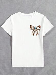 1 pieza de top occidental para mujer, top de manga corta con cuello redondo y estampado de lazo turquesa, regalo para mamá, estilo vaquero occidental, atuendo campestre, camiseta de vaquera - Blanco - Ver 4