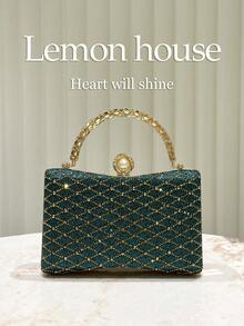 1 geantă de mână verde metalizat cu romburi și paiete, curea detașabilă cu lanț, poșetă elegantă, potrivită pentru rochii de seară, ocazii formale, nunți, petreceri, festivaluri