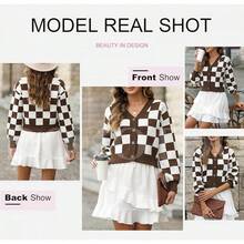 Women's Checkered Button Down Long Sleeve Knit Cropped Cardigan Sweater Tops, Style - 棕色 - 查看 4