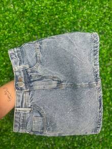 High-Waisted Marbled Denim Skirt With Hem And Rhinestone Appliqué | 100% Cotton - No Elastane - Màu Xám nhạt - Xem 5