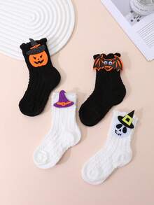 4 Pairs Baby & Toddler Cartoon Funny Twisted Pattern Mid-Calf Socks, Suitable For Halloween And Holiday Matching - Multicolor - View 4