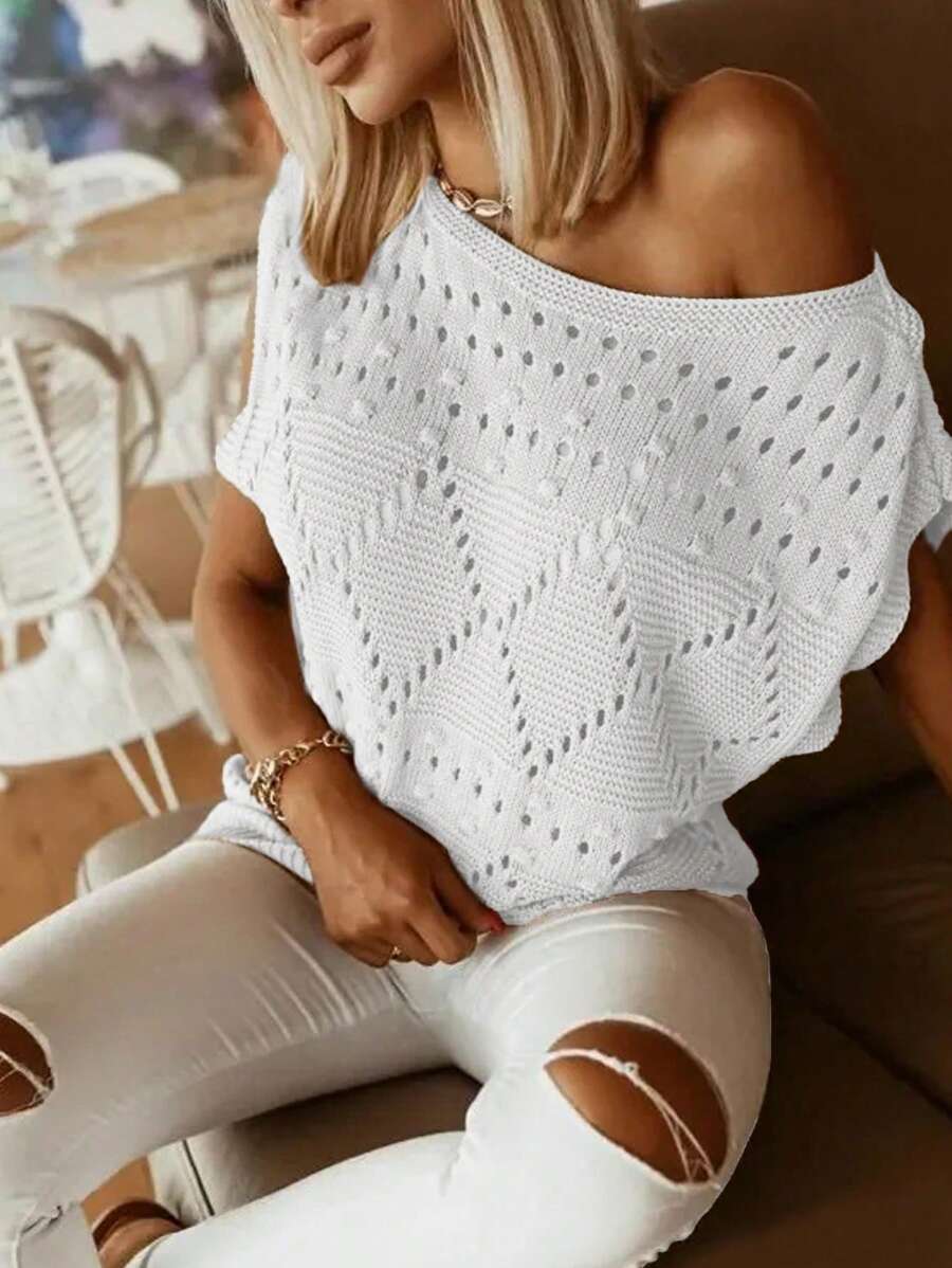 女士纯色休闲镂空肩部针织套头衫 - 白色 - 查看 1
