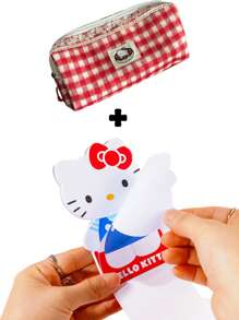 Sanrio 1个红色格子可爱Hello Kitty猫咪铅笔盒（不含苹果吊坠）。大容量铅笔盒。便携式设计，可作女生化妆包。学生文具。学生铅笔盒。开学季礼物。