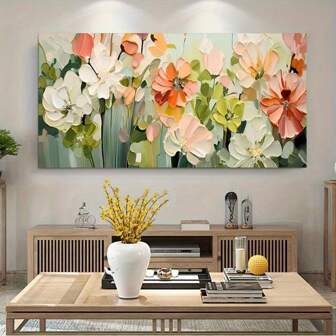 1 幅大型现代抽象花卉帆布墙画 - 无框鲜艳花卉印花，粉色、橙色和绿色，适用于客厅和卧室装饰，50x100 厘米/19.68x39.37 英寸