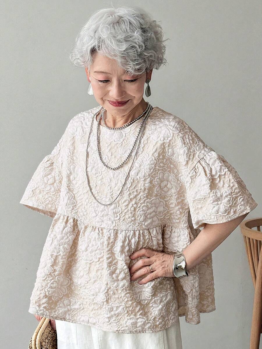 FRIFUL 女士纹理泡泡袖衬衫，夏季娃娃装上衣 - 杏色 - 查看 1