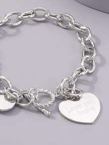 1件心形合金手链，配个性化字母吊坠，设计优雅 - 銀色 - 查看 3