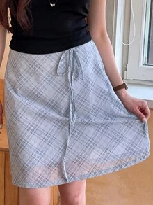 YIU Rhombus Plaid Bow Tie Sweet Cute Casual Versatile Chiffon Mini Skirt, Party & Street Style, New Summer Back To School Women Fashion - Dusty Blue - View 5