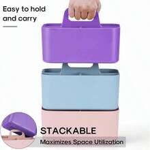 Multiuse Caddy Organizer With Handle, Stackable Plastic Tote Bin - Art Craft Supplies, Office, Desk, Stationery Pen Holder, Kitchen, Utensil, Makeup, Bathroom, Shower, Cleaning, Dorm Organizer, Purple