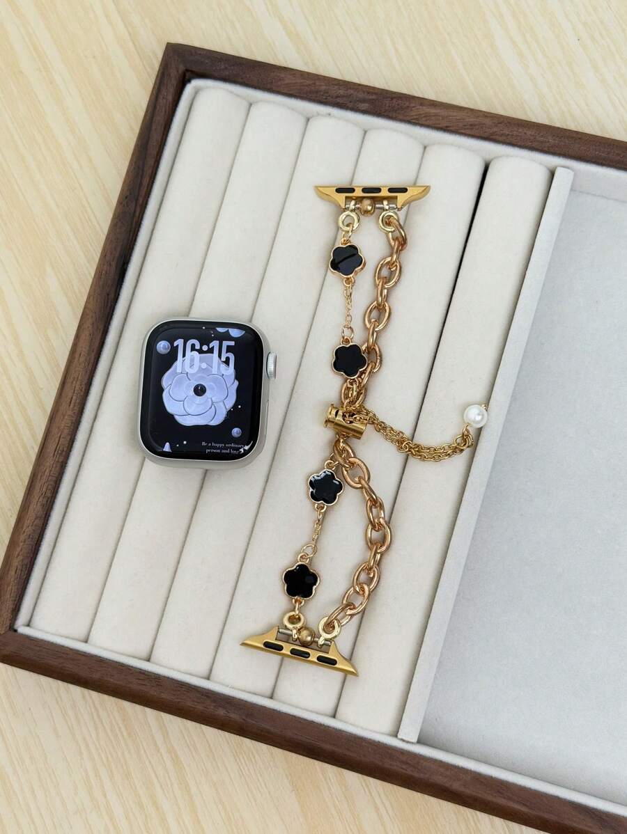 1 Pc Luxury Golden Black Flower Bracelet Loop Link Compatible With Apple Watch Band Women Sport 38mm 40mm 41mm 42mm 44mm 45mm 46mm 49mm , Strap Compatible With Apple Watch Watchband Series Ultra 10/9/8/7/6/5/4/3/2/1 SE