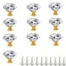 10 pezzi Pomelli per cassetti in cristallo di vetro da 30 mm - Pomelli per armadietti dorati lucidi per vanità, cucina e bagno, base in alluminio, facile installazione con viti incluse Pomelli per cassetti Pomelli per armadietti da bagno