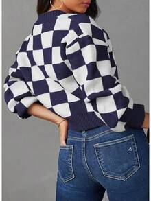 Women's Checkered Button Down Long Sleeve Knit Cropped Cardigan Sweater Tops, Style - Blue - View 4