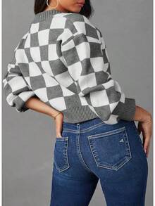 Women's Checkered Button Down Long Sleeve Knit Cropped Cardigan Sweater Tops, Style - Gray - View 4