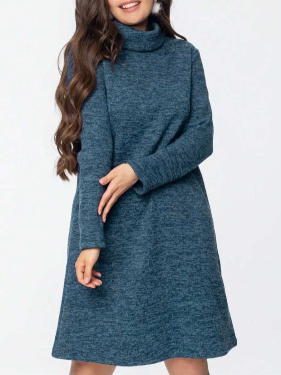 فستان كنزة صوفية أنيق ذو تصميم مناسب مع أكمام طويلة وياقة عالية جديد