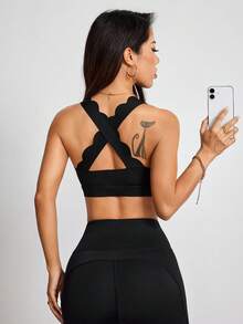 ATTRACO Women's Sports Bra, Criss-Cross Backless Ruffled Sexy Sports Tank Top, With Removable Pads, Suitable For Yoga, Fitness And Running - 黑色 - 查看 4